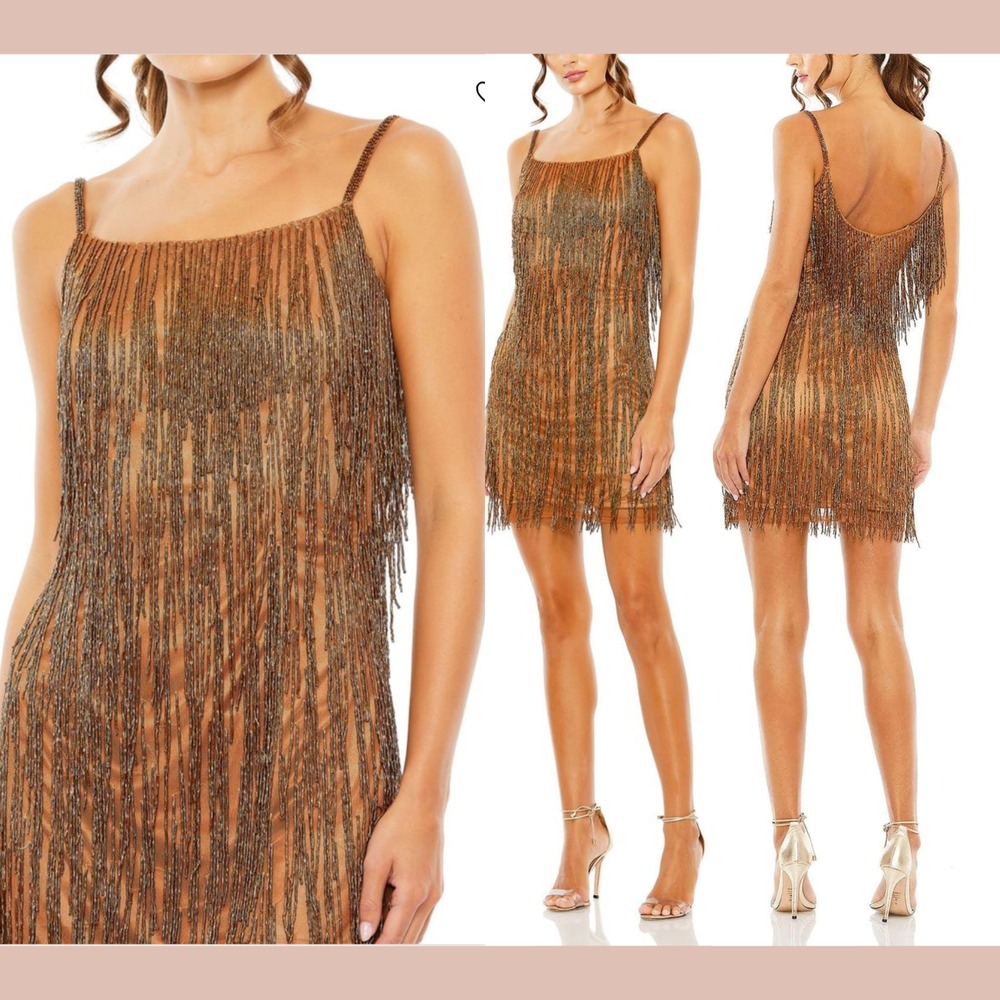 NWT Mac Duggal [ 8 ] 5935 Scoop‎ Neck Embellished Beaded Fringe Dress Copper